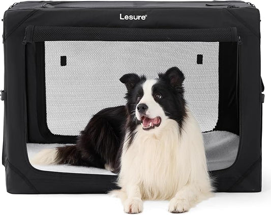 Lesure Collapsible Dog Crate - Portable Travel Kennel for Large Dog, 4-Door Pet Crate with Durable Mesh Windows, Indoor & Outdoor, Black