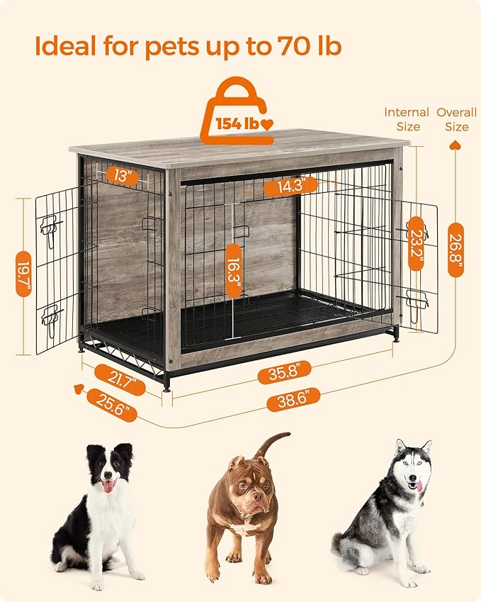 Feandrea Dog Crate Furniture, 38.6" Side End Table, Modern Kennel for Dogs Indoor up to 70 lb, Heavy-Duty Dog Cage with Multi-Purpose Removable Tray, Double-Door Dog House, Greige UPFC003G01