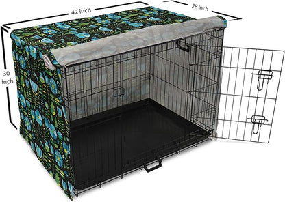 Lunarable Floral Dog Crate Cover, Abstract Flower Bouquets Dragonflies Ladybugs Butterflies on Dark, Easy to Use Pet Kennel Cover for Medium Large Dogs, 42 Inch, Blue Green and Charcoal Grey