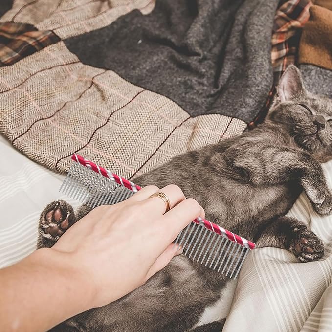 UEETEK Dog Grooming Comb : Stainless Steel Dog Combs with Rounded Ends for Dematting & Shedding, 2-in-1 Fine & Wide Tooth Design, 6.3 X 1.38 X 0.12 Inch (Rose Red)