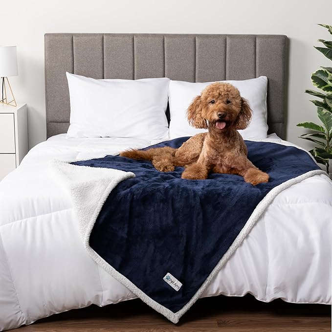 PetAmi WATERPROOF Dog Blanket for Medium Large Dog, Pet Puppy Blanket Couch Cover Protection, Sherpa Fleece Cat Blanket, Sofa Bed Furniture Protector Reversible Soft Plush Washable, 60x40 Navy Blue