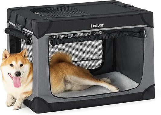 Lesure Soft Collapsible Dog Crate - 30 Inch Portable Travel Crate for Medium Dogs Indoor & Outdoor, 4-Door Foldable Pet Kennel with Durable Mesh Windows, Black