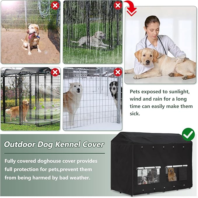 Outdoor Dog Kennel Cover 8'Dx4'Wx6'H Full Coverage Windproof Anti-UV.with Transparent PVC Window and Breathable Mesh.Waterproof Dog Kennel Cover for Multiple Brands of Dog Kennels,Cover Only.(Black)