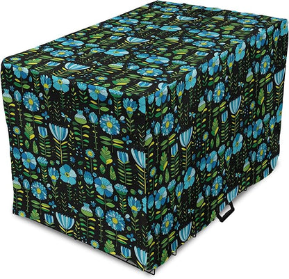 Lunarable Floral Dog Crate Cover, Abstract Flower Bouquets Dragonflies Ladybugs Butterflies on Dark, Easy to Use Pet Kennel Cover for Small Dogs Puppies Kittens, 22 Inch, Blue Green and Charcoal Grey