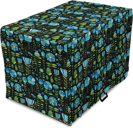 Lunarable Floral Dog Crate Cover, Abstract Flower Bouquets Dragonflies Ladybugs Butterflies on Dark, Easy to Use Pet Kennel Cover for Small Dogs Puppies Kittens, 22 Inch, Blue Green and Charcoal Grey