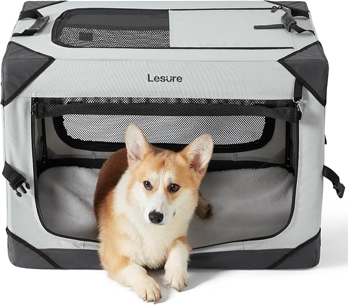 Lesure Collapsible Dog Crate - Portable Travel Kennel for Medium Dog, 4-Door Pet Crate with Durable Mesh Windows, Indoor & Outdoor, Light Gray