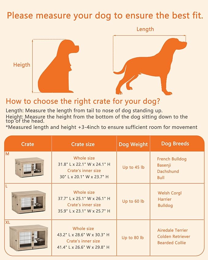 Piskyet Wooden Dog Crate Furniture with 360°Rotatable Removable Dog Bowls, Dog Crate End Table with Tray, Double Doors Dog Kennels for Dogs(XL:43.2" L*28.6" W*30.3" H, Gray)