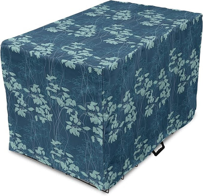 Lunarable Blue Floral Dog Crate Cover, Abstract Leaves and Outlines Rural Field Garden Foliage Art, Easy to Use Pet Kennel Cover for Medium Large Dogs, 42 Inch, Green Night