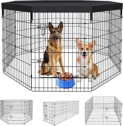 Pet Playpen Dog Fence Foldable Metal Dog Pen Wire Exercise Puppy Play Yard Pet Enclosure Indoor Outdoor 8 Panels 36 Inch with Bottom Pad/Top Cover(Black 36 top Cover)