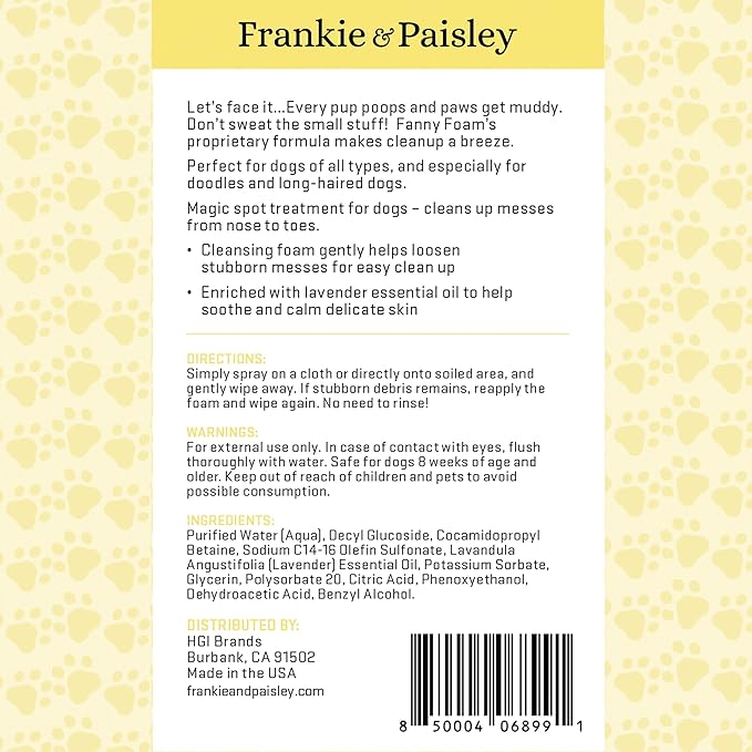 Fanny Foam No Rinse Waterless Dog Shampoo and Paw Cleaner for Dogs | Dingleberry Removal | Easy Glide Formula Loosens Stuck On Dirt, Debris from Fur Painlessly and Safely | Puppy and Senior Approved