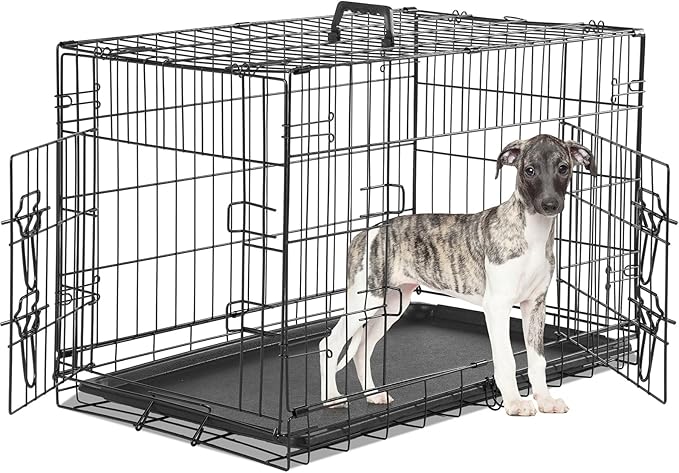Sweetcrispy Medium Dog Crate with Divider Panel, 30 Inch Double Door Folding Metal Wire Dog Cage with Plastic Leak-Proof Pan Tray, Pet Kennel for Indoor, Outdoor, Travel