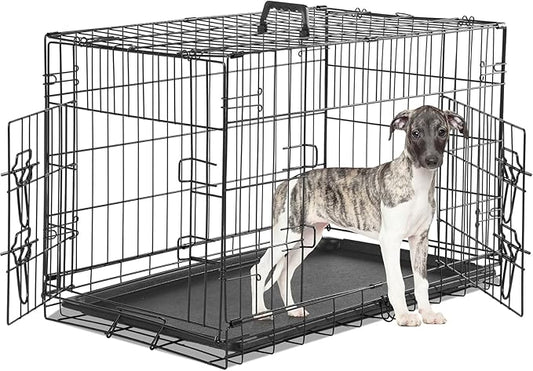 Sweetcrispy Medium Dog Crate with Divider Panel, 30 Inch Double Door Folding Metal Wire Dog Cage with Plastic Leak-Proof Pan Tray, Pet Kennel for Indoor, Outdoor, Travel