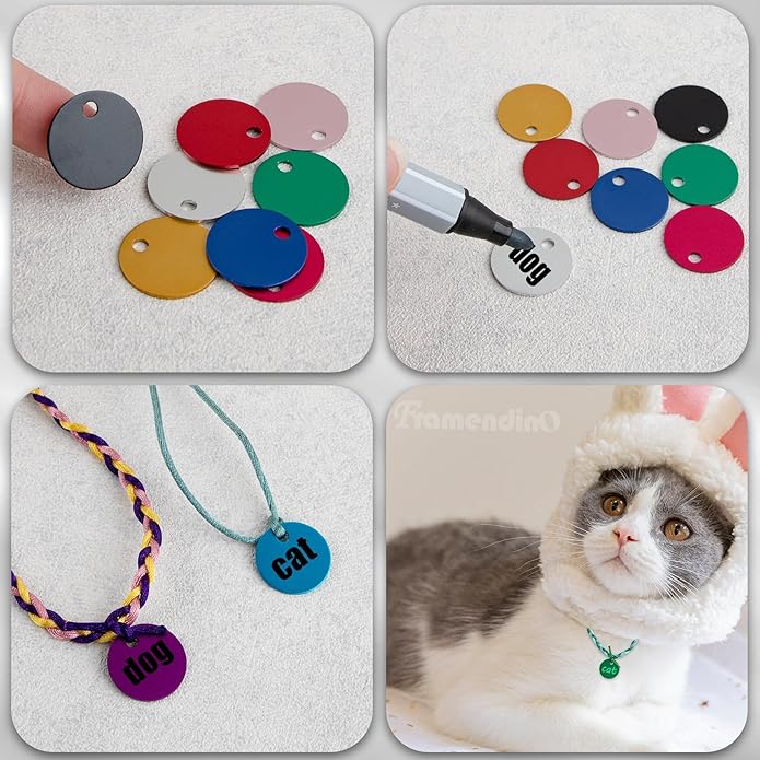 Framendino, Pet ID Tag Colorful Blank Round Double Sided Pets ID Tag Name Phone Number ID Tags Aluminum Charms