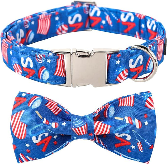 Lionet Paws Patriotic Dog Collar with Bowtie, 4th of July, Soft and Comfortable Adjustable American Flag Bowtie Collar for Dogs and Cats Male Female Gift, XS, Neck 8-12 inches