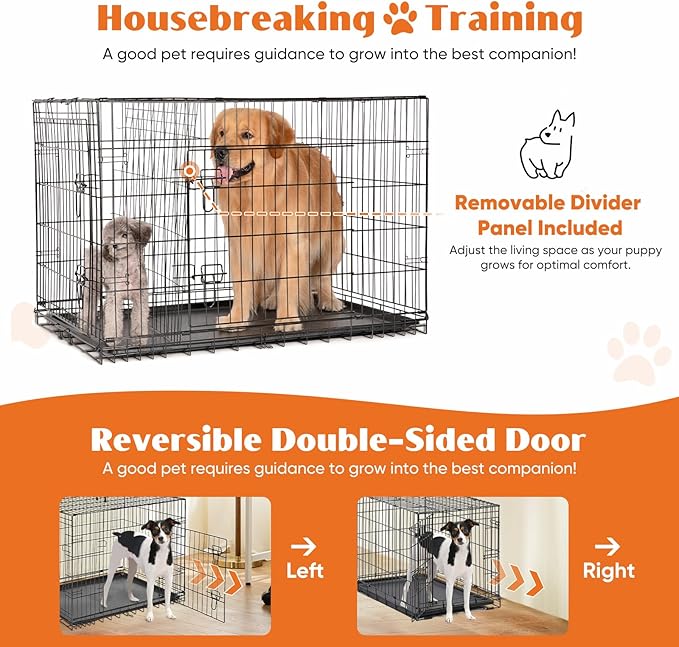 Sweetcrispy Dog Crate with Divider Panel, 48 Inch Double Door Folding Metal Wire Dog Cage with Plastic Leak-Proof Pan Tray, Extra Large Pet Kennel for Indoor, Outdoor, Travel