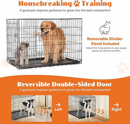 Sweetcrispy Dog Crate with Divider Panel, 48 Inch Double Door Folding Metal Wire Dog Cage with Plastic Leak-Proof Pan Tray, Extra Large Pet Kennel for Indoor, Outdoor, Travel