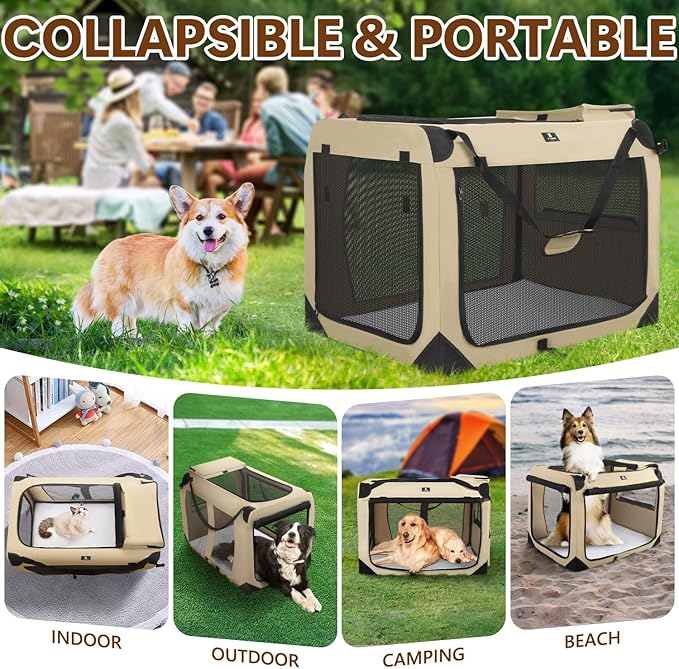X-ZONE PET Dog Crate 3-Door Kennel, Collapsible Portable Soft Sided Pet Carriers for Indoor & Outdoor, Multiple (24-Inch, Rice White)