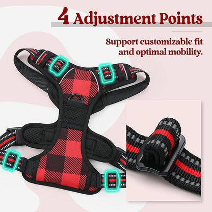 rabbitgoo Dog Harness Small Sized Dog No Pull, Comfortable Padded Plaid Dog Harness with Handle Easy Control, Adjustable Reflective Puppy Pet Harness Vest with 2 Leash Clips, Red Plaid, S