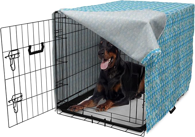 Lunarable Yellow and Blue Dog Crate Cover, Funny Cartoon Hippopotamus with Stars and Daisy Flowers, Easy to Use Pet Kennel Cover for Medium Large Dogs, 42 Inch, Pale Blue White Yellow