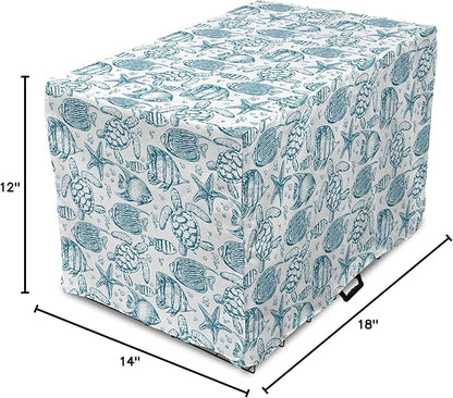 Lunarable Under The Sea Dog Crate Cover, Hand Drawn Sketch Art Style Fauna of The Sea Turtle Starfish and Fishes, Easy to Use Pet Kennel Cover for Small Dogs Puppies Kittens, 18 Inch, Blue White