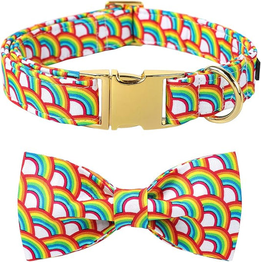 Lionet Paws Rainbow Dog Collar with Bowtie, Soft and Comfortable Adjustable LGBT Pride Bowtie Collar for Dogs Male Female Gift, Small, Neck 10-16 inches
