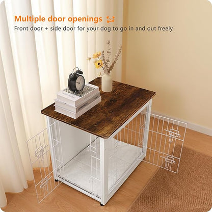DWANTON Dog Crate Furniture with Cushion, Wooden Kennel Table with Double Doors, Indoor Dog House, Small/Medium/Large Size, 27.2" L, White+Rustic Brown