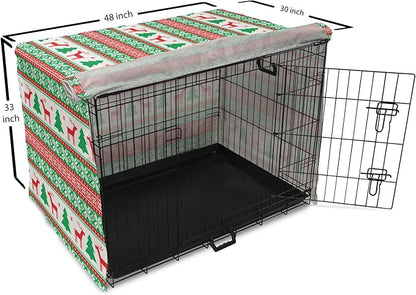 Ambesonne Christmas Dog Crate Cover, Knit Style Graphic Reindeer Star and Snowflake Holiday Family Theme, Easy to Use Pet Kennel Cover for Medium Large Dogs, 48 Inch, White Green