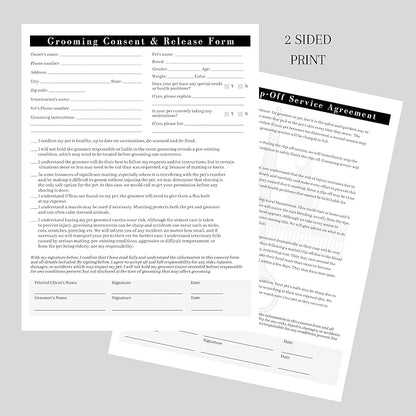 Pet Grooming Intake Forms, Consent & Release, Matted Coat Clip-Off Agreement, Pet Report Card | 50 pk, 25 of each, dbl sided | 8.5x11” Groomer Signature Client Grooming Tips Black and White Minimalist