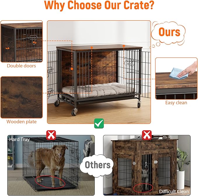 Dog Crate Furniture, 32.5" Double-Door Dog House with Removable Wheels, Heavy-Duty Wooden Kennel & Pull-Out Tray, Rustic Brown Side Table for Medium Dogs, Brown