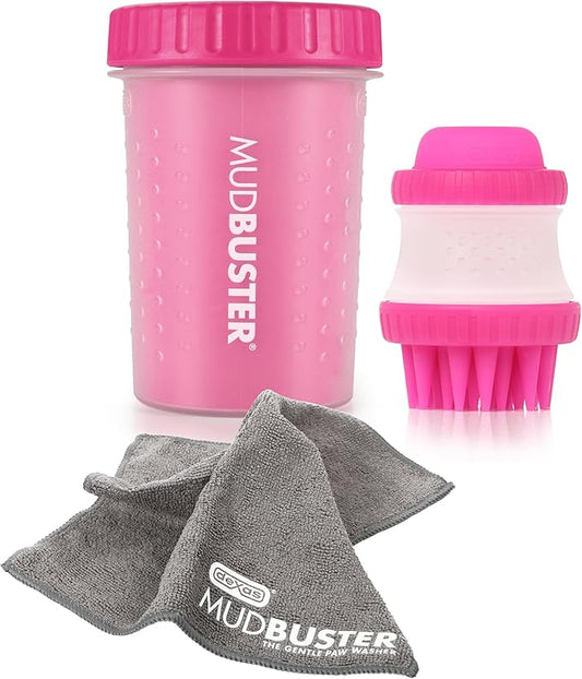 Dexas MudBuster Portable Pet Cleaning Kit with Dog Paw Washer, Pet Bathing Brush, Microfiber Towel, Medium, Pink