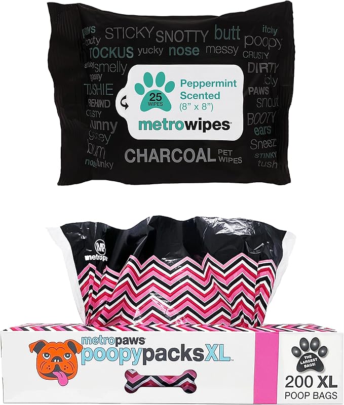 MetroPaws Peppermint Dog Wipes, 25 Extra Large, Thick Cleaning Wipes & Waste Packs XL - 200 Extra Large Dog Bags, Leakproof, Durable Pet Waste Bags for Easy Cleanup [PINK]
