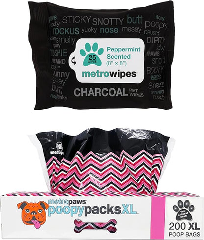 MetroPaws Peppermint Dog Wipes, 25 Extra Large, Thick Cleaning Wipes & Waste Packs XL - 200 Extra Large Dog Bags, Leakproof, Durable Pet Waste Bags for Easy Cleanup [PINK]