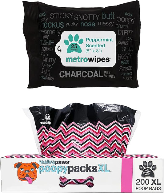 MetroPaws Peppermint Dog Wipes, 25 Extra Large, Thick Cleaning Wipes & Waste Packs XL - 200 Extra Large Dog Bags, Leakproof, Durable Pet Waste Bags for Easy Cleanup [PINK]