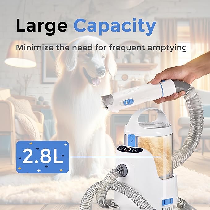 Pet Grooming Vacuum Kit, Dog & Cat Hair Clipper with 13000PA Suction - 3 Adjustable Suction Levels, 5 Grooming Attachments, 2.8L Large Capacity Dust Bin