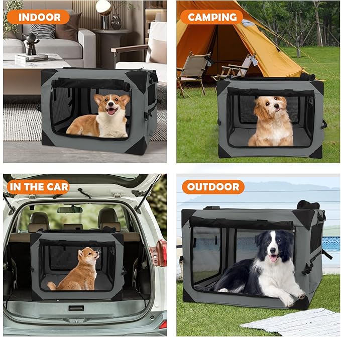 Wdmiya Dog Crates for Medium & Large Dogs, Portable Travel Dog Crate with Chew Proof Mesh, Soft Collapsible Dog Crate with Absorbent Dog Pad, Car Dog Kennel Indoor & Outdoor 4-Door (Grey, l)