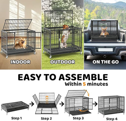 Homey Pet 37 inch Stackable Heavy Duty Dog Crate, Indestructible Escape Proof Dogs Cage Kennel with Lockable Wheels, Removable Tray & Metal Grid, Double Doors for High Anxiety Medium/Small Dogs