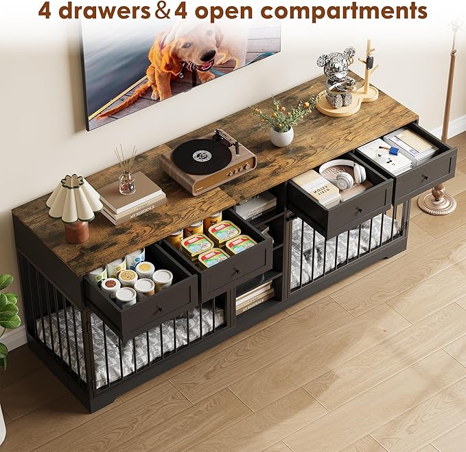 IDEALHOUSE 82” Large Dog Crate for 2 Dogs, Dog Kennel Indoor with 4 Drawers and Shelves, Double Dog Crate Furniture TV Stand, Wooden Dog Cage for Medium Large Dogs, Black