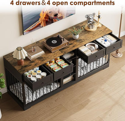IDEALHOUSE 82” Large Dog Crate for 2 Dogs, Dog Kennel Indoor with 4 Drawers and Shelves, Double Dog Crate Furniture TV Stand, Wooden Dog Cage for Medium Large Dogs, Black