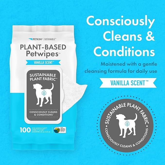 Petkin Plant-Based PetWipes, 100 Wipes - Biobased, Sustainable, Big & Thick Pet Wipes for Dogs & Cats - for Face, Paws, Ears, Body & Eye Area - Consciously Cleans & Conditions - Vanilla