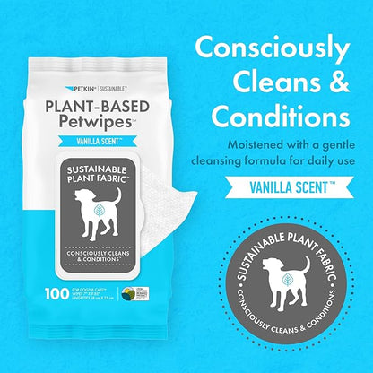 Petkin Plant-Based PetWipes, 100 Wipes - Biobased, Sustainable, Big & Thick Pet Wipes for Dogs & Cats - for Face, Paws, Ears, Body & Eye Area - Consciously Cleans & Conditions - Vanilla