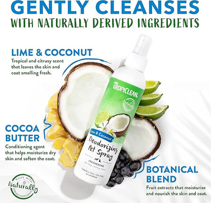 TropiClean Dog Perfume, Long Lasting Lime & Coconut Cologne, Deodorizing Spray for Smelly Dogs, After Bath Detangling Spray with Vitamin E, Safe for Cats, 8oz.