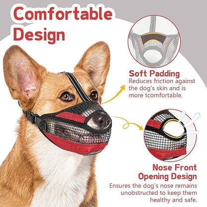 Dog Muzzle for Large Medium Small Dogs, Soft Mesh Muzzle for Dogs with Reflective Adjustable Strap, Prevent Biting Chewing and Licking, Dog Nose Open Design for Reduction Friction (Red, L)