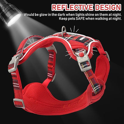 GAMUDA Dog Harness Collar and Leash Set, Dog Harness, No Chock No Pull Adjustable Vest Harnesses Plaid Reflective for Medium Dog, Cat, Small Horse, Small Bull and Pig (Red, L)
