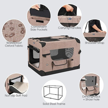 Veehoo 30 inch Folding Soft Dog Crate, 4-Door Portable Collapsible Pet Kennel Travel Dog Crate for Medium Dogs, 5 x Durable Mesh Screen, 600D Oxford Fabric, Indoor & Outdoor Use, Brown, CWB2428CP