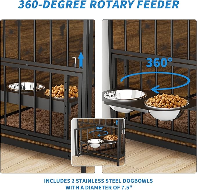 LOVMOR Dog Cage Furniture with Rotating Feeder Bowls, Dog Kennel Indoor with Cushion, Dog Crates for Small and Medium Dogs, 41" L X 23.6" W 35.8" H, Rustic Brown