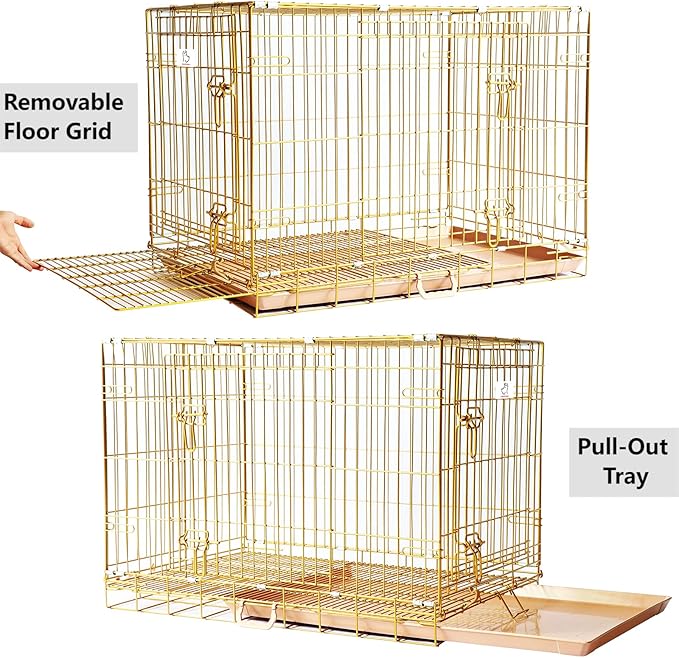 HOMEY PET Copper Gold Dog Crate 42 Inch, Portable Folding Metal Wire Dog Kennel Pet Dog Cage with Removable Floor Grid, Pull-Out Tray, Double Doors, Handle for Large Dogs, Indoor Outdoor