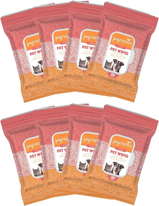 FurryFriends Pet Wipes | Citrus Scented | Hypo-allergenic | Alcohol Free| Deodorizing | Removes Loose Hair & Dirt | Incredibly Clean | 8 Pack