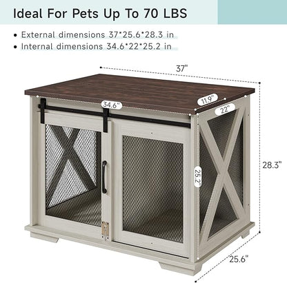 GAOMON 37'' Sliding Barn Door Dog Crate Furniture with Flip Top and Movable Divider, Wooden Dog Crate Table, Dog Kennel Side End Table, Furniture Style Large Dog House, White