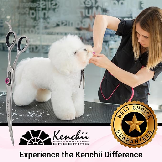 Kenchii Love Left Handed Dog Grooming Scissors, 8 Inch Curved Shears, Dog Scissors for Grooming, Professional Pet Grooming Scissors, Curved Dog Grooming Scissors