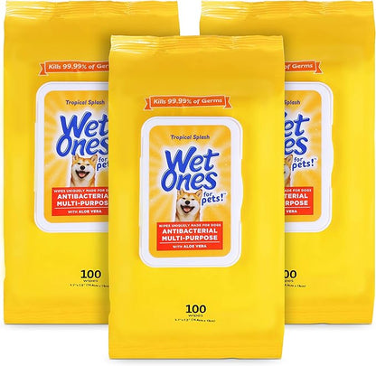 Wet Ones Multi-Purpose Pets Wipes with Aloe Vera for All Dogs - Tropical Splash Wipes for Dog Paws & All Over Use (Pack of 3, 300 Count Total)
